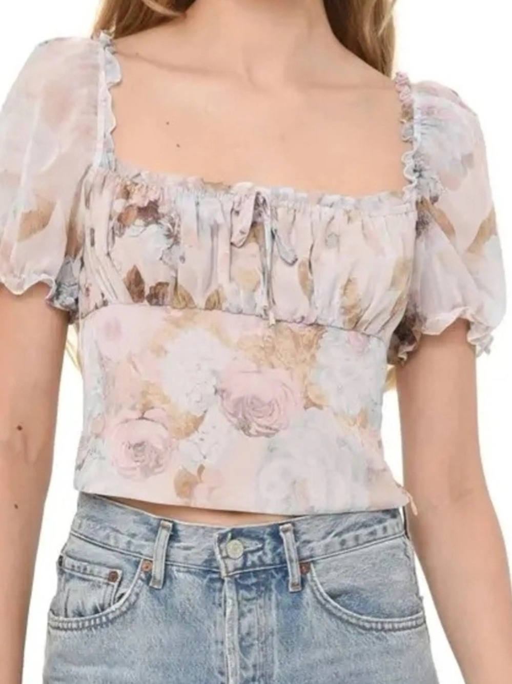 Wayf Floral Ruched Puff-Sleeve Crop Top In Antique Roses Size Small